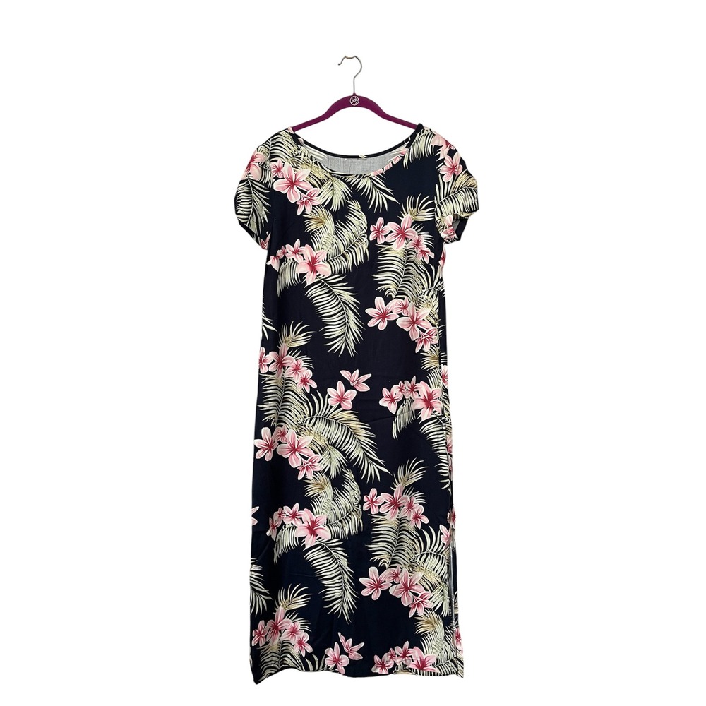 Ho Aloha Hawaiian Muumuu Dress Small Plumeria Fern Midi